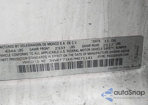 2007 Volkswagen Jetta Wolfsburg Edition z USA, uszkodzony, nr VIN 3VWEF71K67M071141